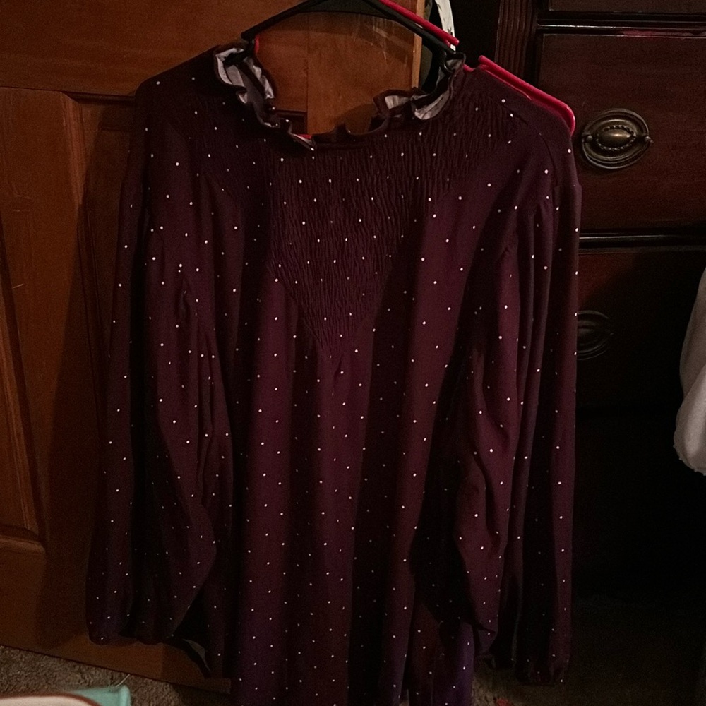 Lularoe Clara burgundy and white polka dot top 3x